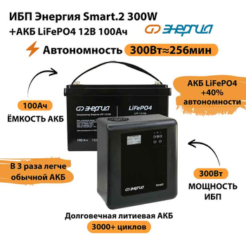 ИБП для котла Энергия Smart 2 300Вт + LiFePO4 Аккумулятор 12v 100Ah (300Вт - 256мин) - ИБП и АКБ - ИБП Энергия - ИБП для котлов отопления - . Магазин оборудования для автономного и резервного электропитания Ekosolar.ru в Долгопрудном