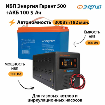 ИБП Энергия Гарант 500 + Аккумулятор S 100 Ач - 12В (300Вт - 182мин) - ИБП и АКБ - ИБП для котлов - . Магазин оборудования для автономного и резервного электропитания Ekosolar.ru в Долгопрудном