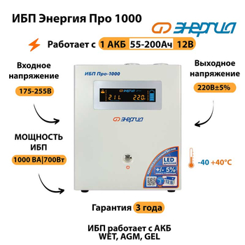 Энергия ИБП Про 1000 12В - ИБП и АКБ - ИБП для котлов - . Магазин оборудования для автономного и резервного электропитания Ekosolar.ru в Долгопрудном