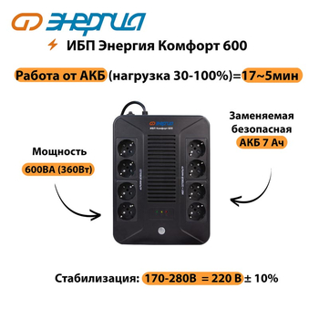 ИБП Комфорт 600 Энергия - ИБП и АКБ - ИБП для компьютера - . Магазин оборудования для автономного и резервного электропитания Ekosolar.ru в Долгопрудном