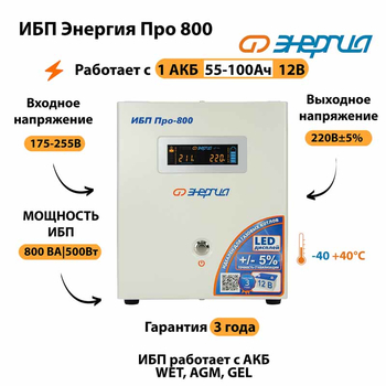 Энергия ИБП Про 800 12В - ИБП и АКБ - ИБП для котлов - . Магазин оборудования для автономного и резервного электропитания Ekosolar.ru в Долгопрудном