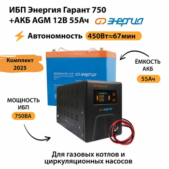 ИБП для котла Энергия Гарант 750 + Аккумулятор 55 Ач 12 В (450Вт - 67мин) - ИБП и АКБ - ИБП для котлов - . Магазин оборудования для автономного и резервного электропитания Ekosolar.ru в Долгопрудном