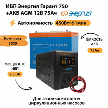 ИБП для котла Энергия Гарант 750 + Аккумулятор 75 Ач 12 В (450Вт - 91мин) - ИБП и АКБ - ИБП для котлов - . Магазин оборудования для автономного и резервного электропитания Ekosolar.ru в Долгопрудном