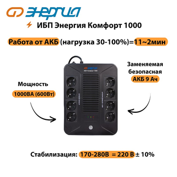 ИБП Комфорт 1000 Энергия - ИБП и АКБ - ИБП для компьютера - . Магазин оборудования для автономного и резервного электропитания Ekosolar.ru в Долгопрудном