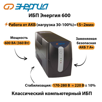Энергия ИБП 600 - ИБП и АКБ - ИБП для компьютера - . Магазин оборудования для автономного и резервного электропитания Ekosolar.ru в Долгопрудном